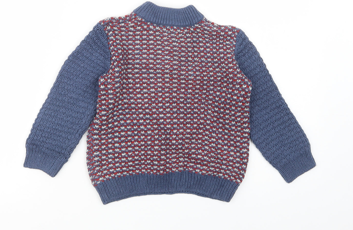 Matalan Boys Blue Mock Neck Geometric Cotton Pullover Jumper Size 2-3 Years  Button
