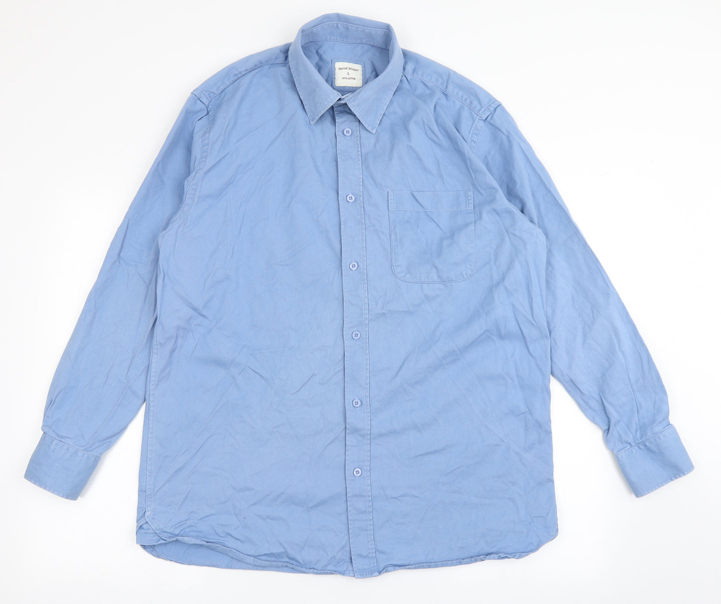 Samuel Windsor Mens Blue  Cotton  Button-Up Size L Collared Button