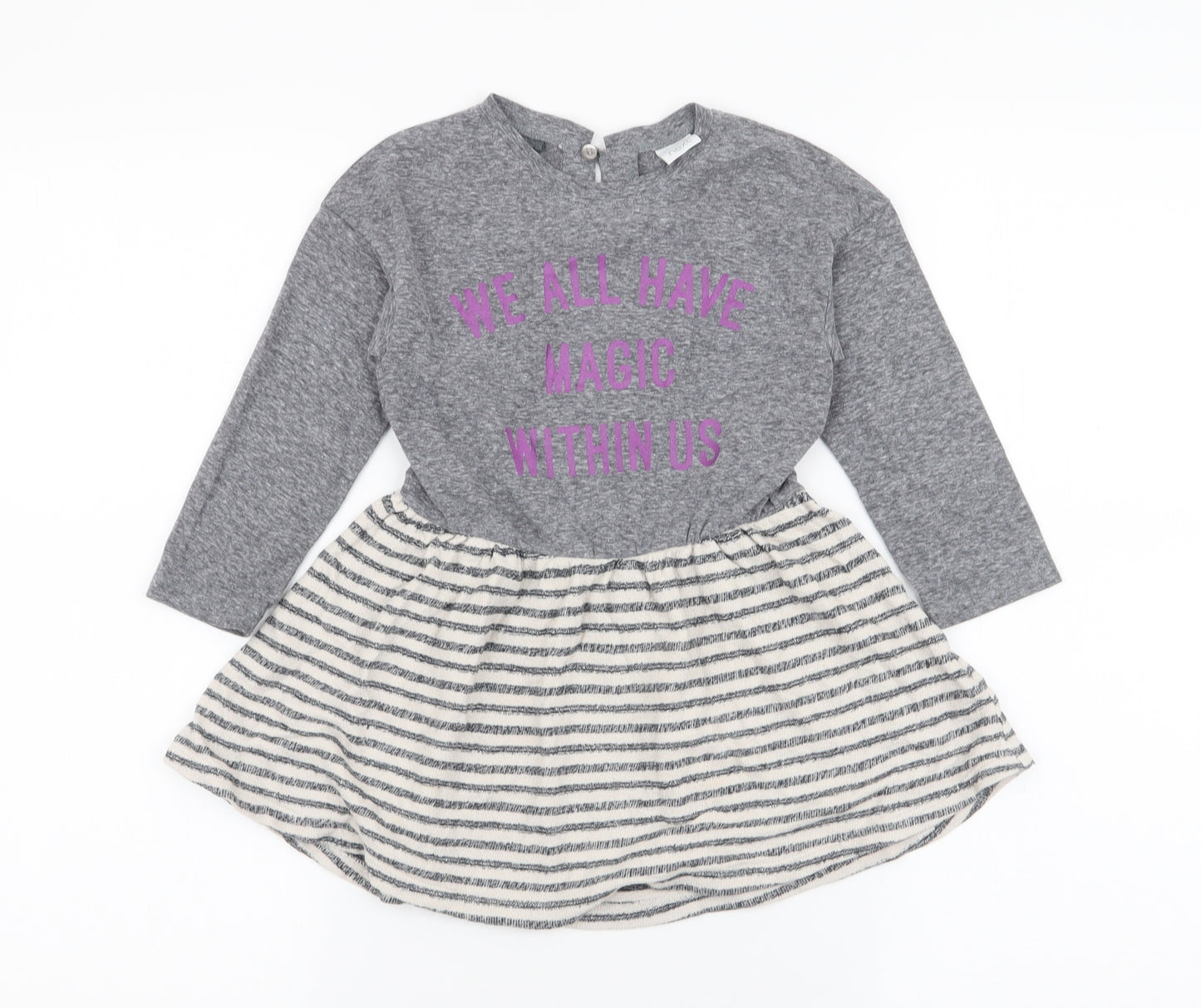 NEXT Girls Grey Striped Cotton Skater Dress  Size 2-3 Years  Round Neck Button - Magic
