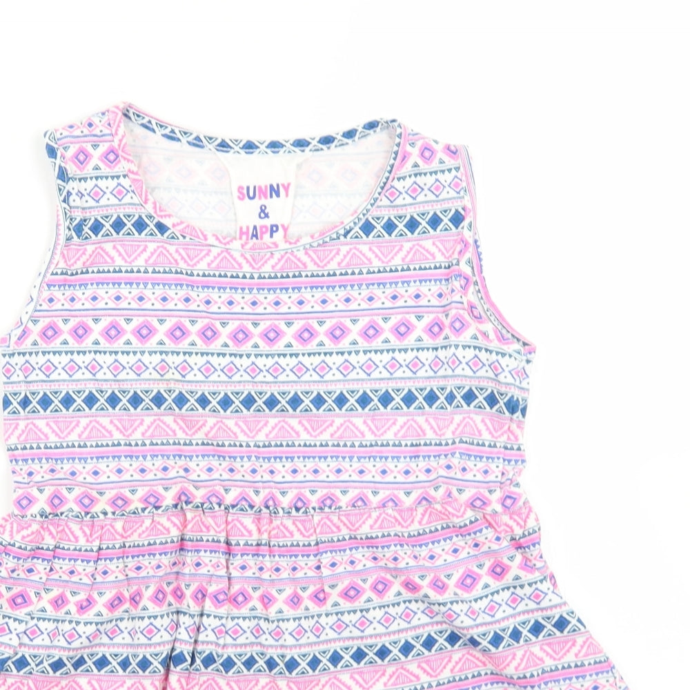 Young Dimension Girls Pink Geometric Cotton Skater Dress  Size 6-7 Years  Round Neck