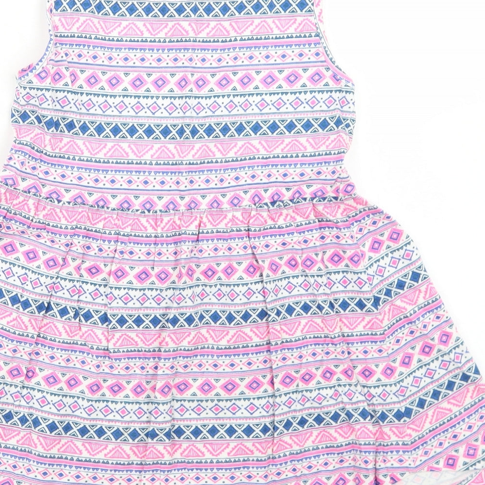 Young Dimension Girls Pink Geometric Cotton Skater Dress  Size 6-7 Years  Round Neck