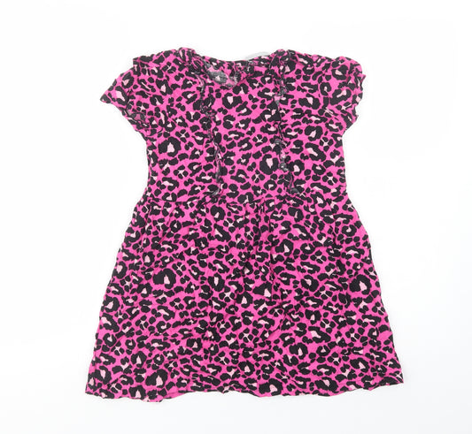 Matalan Girls Pink Animal Print Viscose Fit & Flare  Size 9 Years  Crew Neck Button