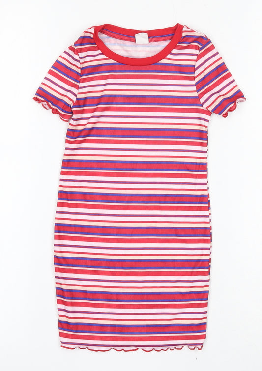 SheIn Girls Multicoloured Striped Polyester Skater Dress  Size 4-5 Years  Round Neck