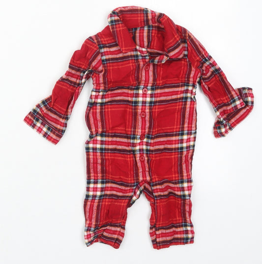 Marks and Spencer Baby Red Check Cotton Coverall One-Piece Size 0-3 Months  Button