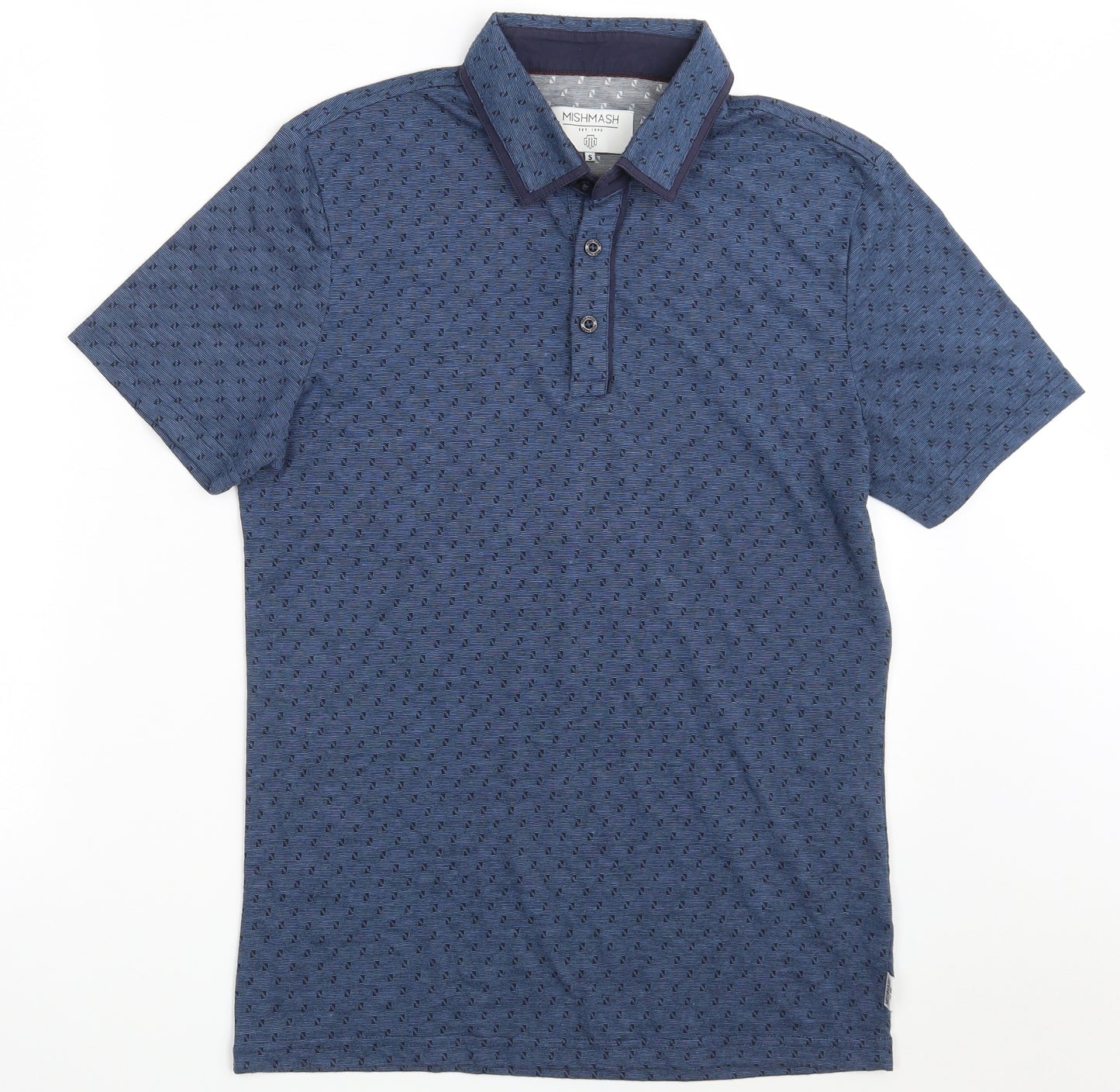 Mish Mash Mens Blue Geometric Polyester  Polo Size S Collared Button