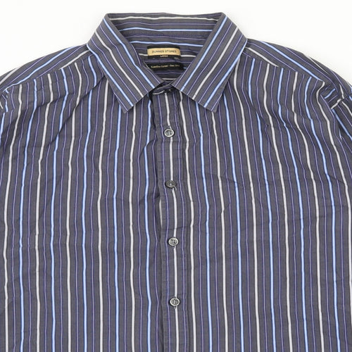 Dunnes Stores Mens Blue Striped 100% Cotton  Dress Shirt Size L Collared Button