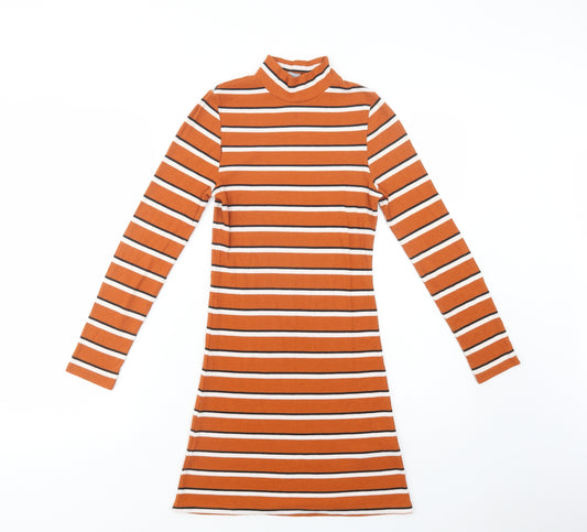 M & Co Girls Brown Striped Polyester Jumper Dress  Size 12 Years  Mock Neck Pullover