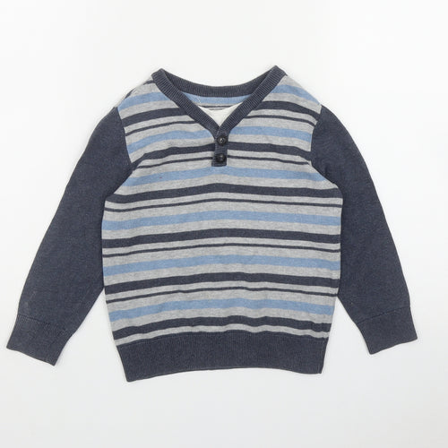 Matalan Boys Blue V-Neck Striped Cotton Pullover Jumper Size 5 Years  Button