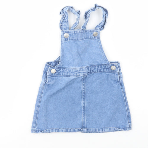 Dunnes Stores Girls Blue  Cotton Pinafore/Dungaree Dress  Size 2-3 Years  Square Neck Button
