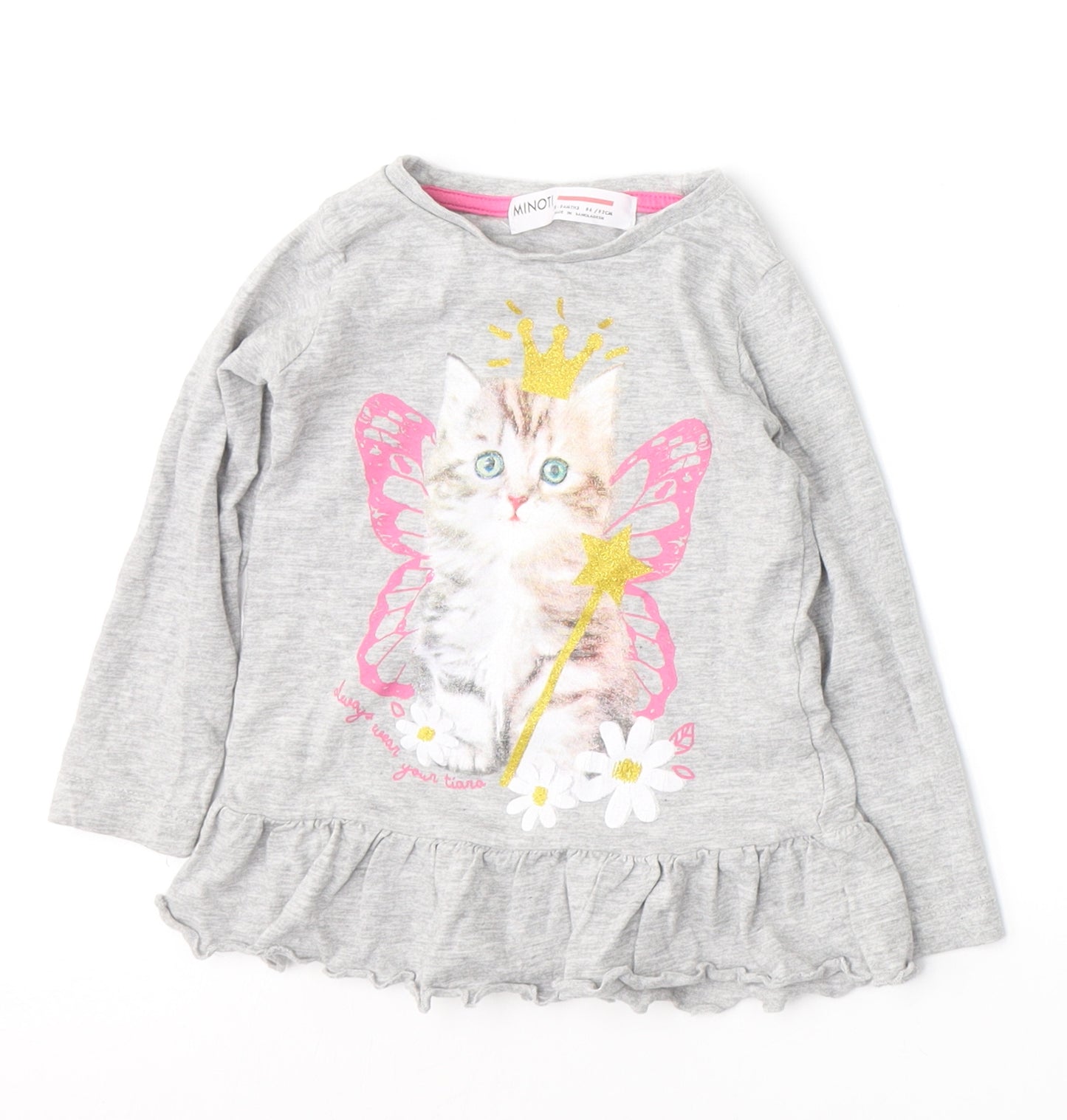 Minoti Girls Grey  Cotton Pullover Casual Size 18-24 Months Round Neck Pullover - Butterfly Cat