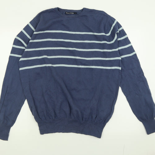 Woolovers Mens Blue Crew Neck Striped Cotton Pullover Jumper Size L