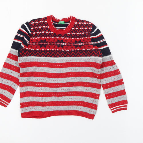 United Colors of Benetton Boys Red Crew Neck Geometric Polyamide Pullover Jumper Size 4-5 Years