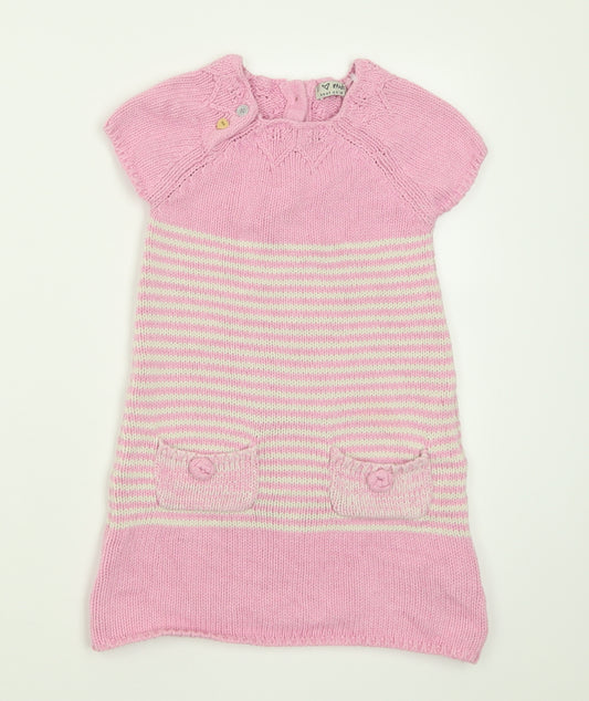 NEXT Girls Pink Striped Cotton A-Line  Size 5-6 Years  Crew Neck Button