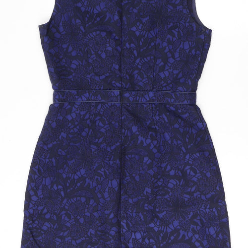 Uttam Boutique Womens Blue Floral Cotton A-Line  Size 12  V-Neck Zip