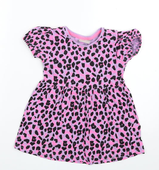 Matalan Girls Purple Animal Print 100% Cotton T-Shirt Dress  Size 4 Years  Scoop Neck Pullover