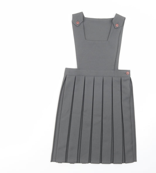 Made In England Girls Grey  Polyester Pinafore/Dungaree Dress  Size 9 Years  Square Neck Button - School Wear