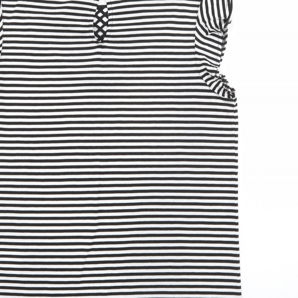 NAF NAF Womens White Striped Polyester Basic T-Shirt Size L Round Neck