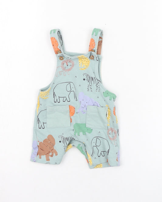 F&F Boys Green  Cotton Dungaree One-Piece Size 3-6 Months  Button - Animal