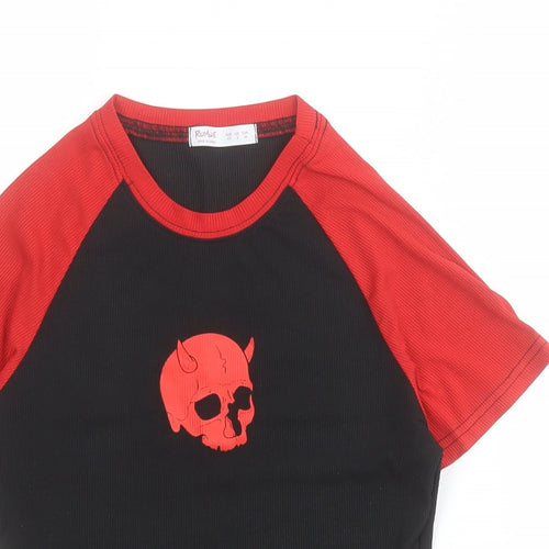 ROMWE Womens Black Colourblock Cotton Cropped T-Shirt Size XS Crew Neck - Skull