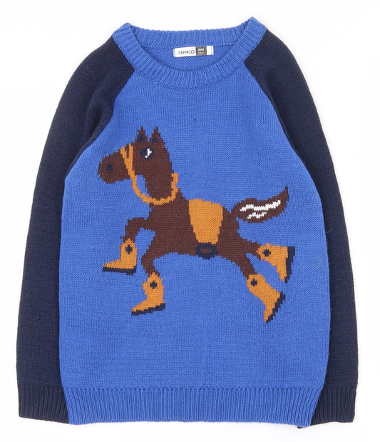 Pep & CO Boys Blue Round Neck  Acrylic Pullover Jumper Size 5-6 Years  Pullover
