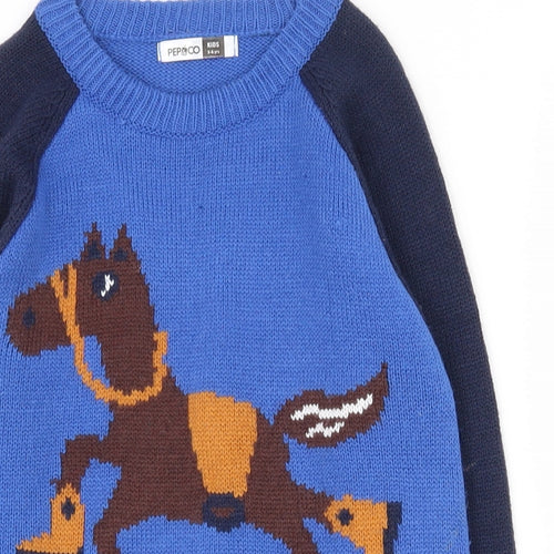 Pep & CO Boys Blue Round Neck  Acrylic Pullover Jumper Size 5-6 Years  Pullover