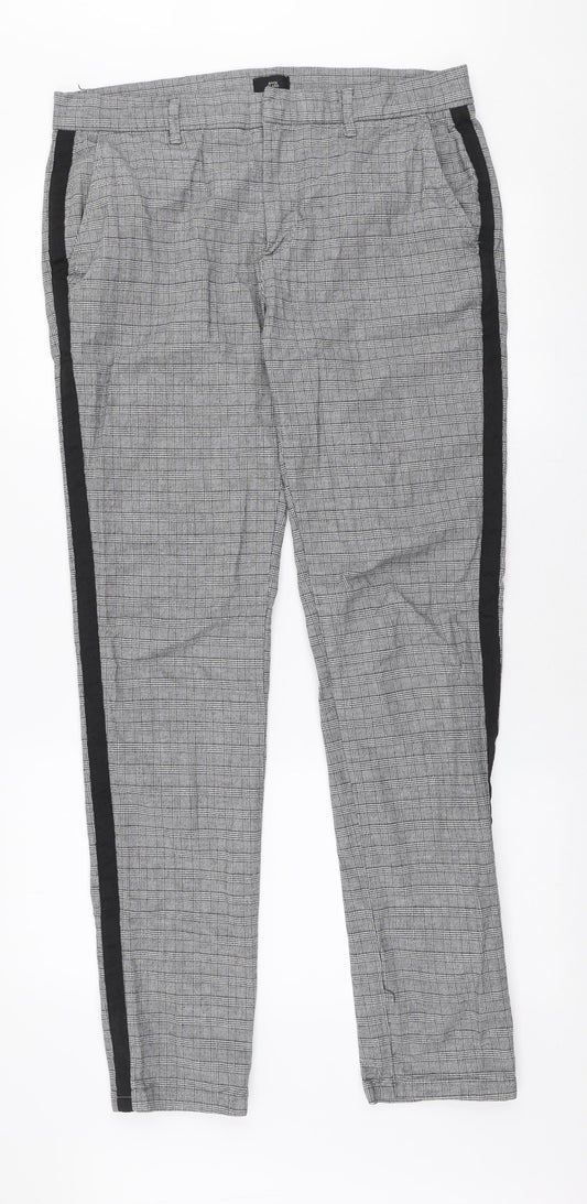 River Island Mens Grey Plaid Cotton Dress Pants Trousers Size 34 in L34 in Slim Zip