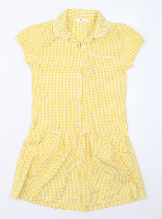 Marks and Spencer Girls Yellow Check Cotton Skater Dress  Size 8-9 Years  Collared Button