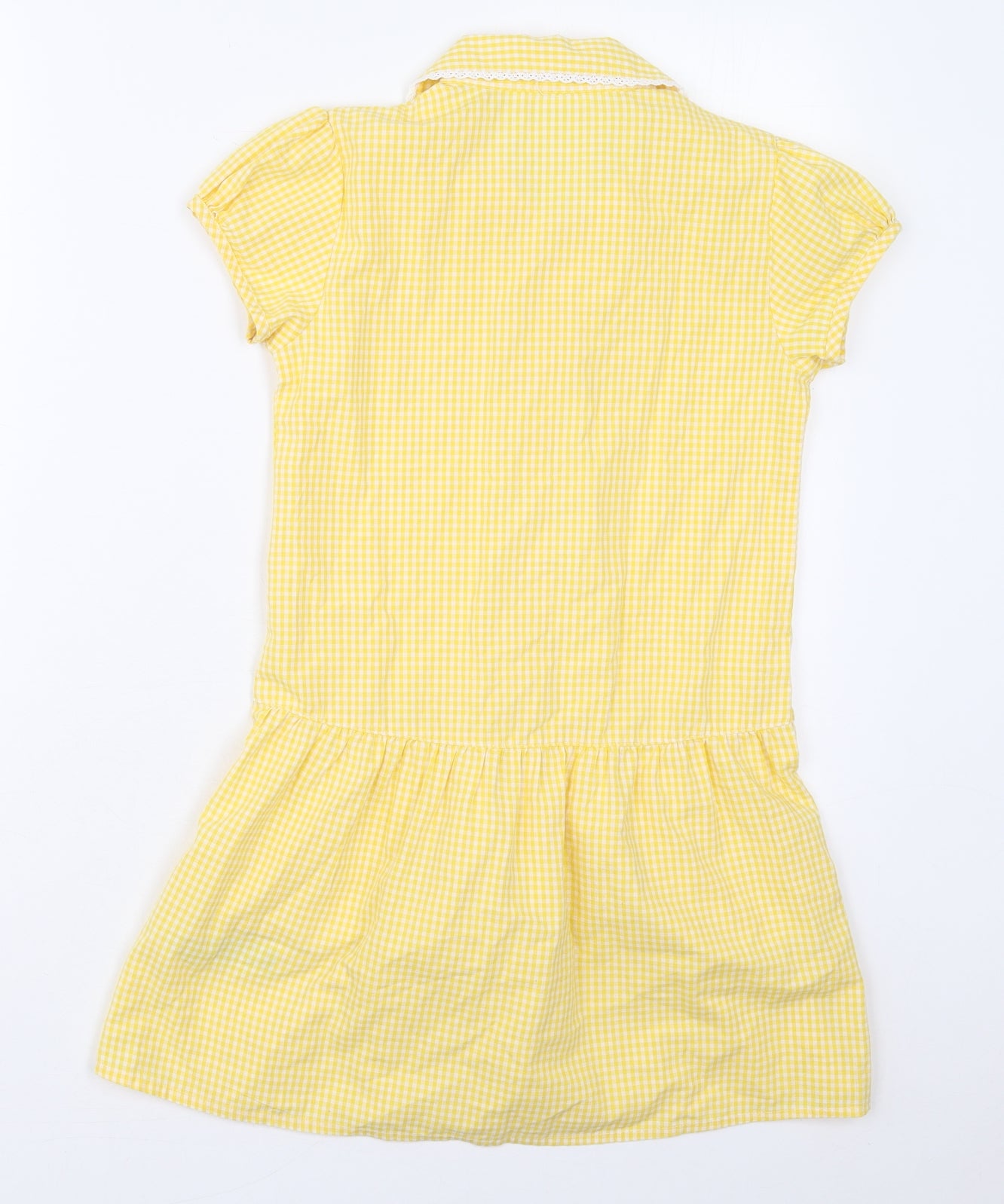 Marks and Spencer Girls Yellow Check Cotton Skater Dress  Size 8-9 Years  Collared Button