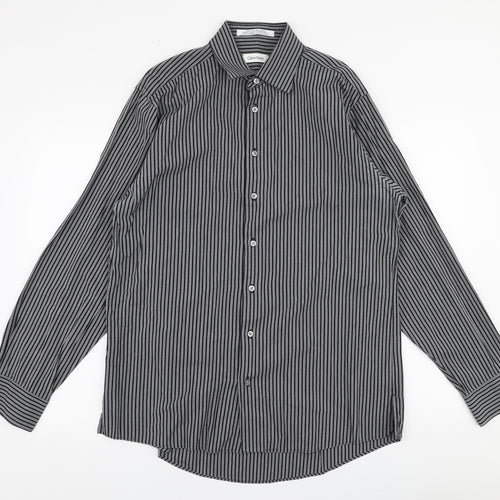 Calvin Klein Mens Grey Striped 100% Cotton  Dress Shirt Size 16 Collared Button
