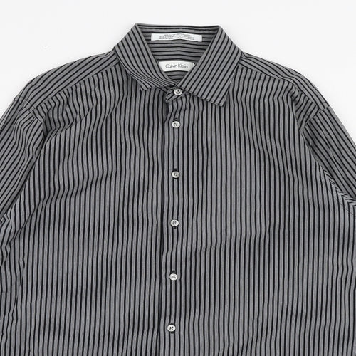 Calvin Klein Mens Grey Striped 100% Cotton  Dress Shirt Size 16 Collared Button