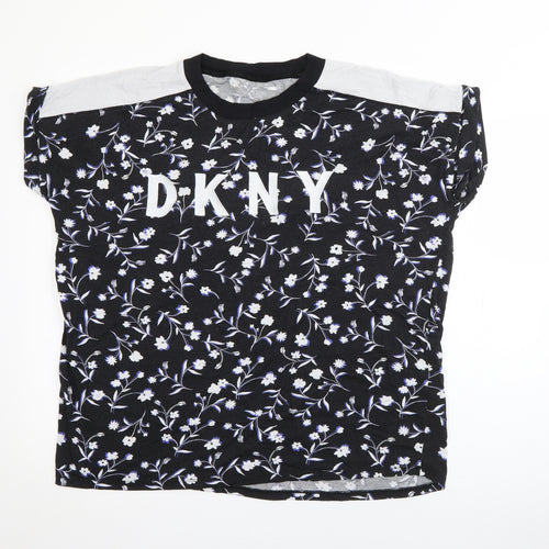DKNY Womens Black Floral Cotton Pullover T-Shirt Size M Crew Neck
