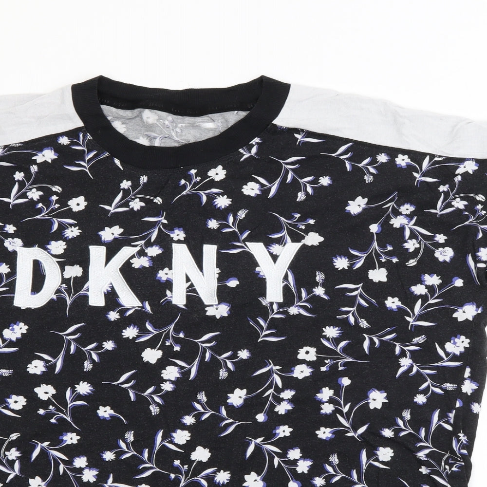 DKNY Womens Black Floral Cotton Pullover T-Shirt Size M Crew Neck
