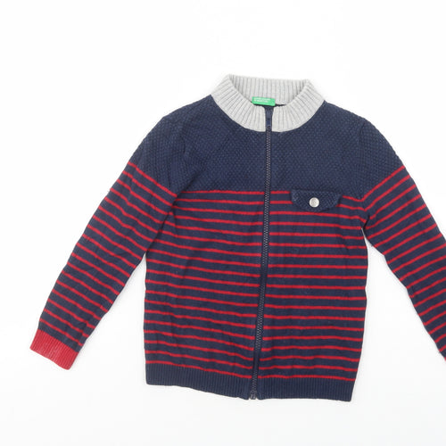 United Colors of Benetton Boys Blue High Neck Striped Cotton Full Zip Jumper Size 4-5 Years  Zip