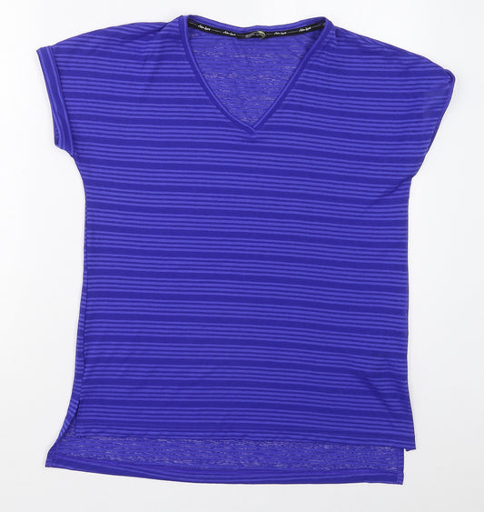 F&F Womens Blue Striped Polyester Basic T-Shirt Size 8 V-Neck Pullover