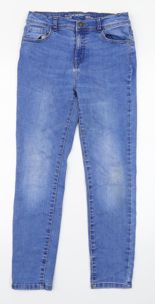 Denim & Co. Girls Blue  Cotton Straight Jeans Size 10-11 Years  Regular Zip