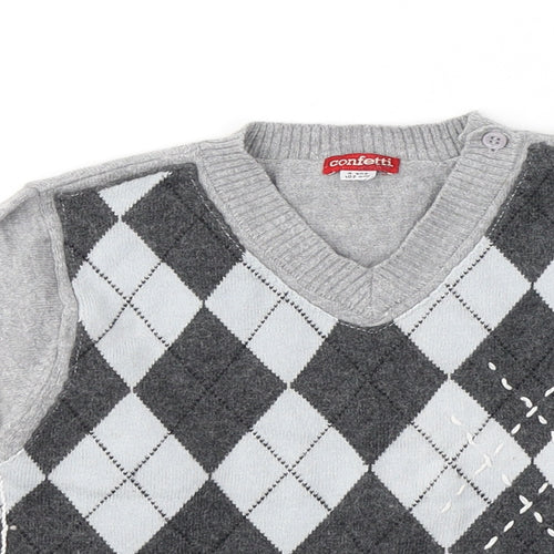 Confetti Boys Grey V-Neck Geometric Cotton Pullover Jumper Size 4 Years  Pullover