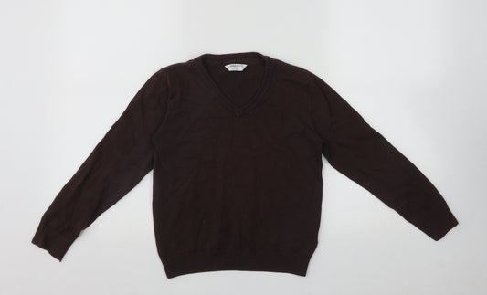 Marks and Spencer Boys Brown V-Neck  Cotton Pullover Jumper Size 8-9 Years