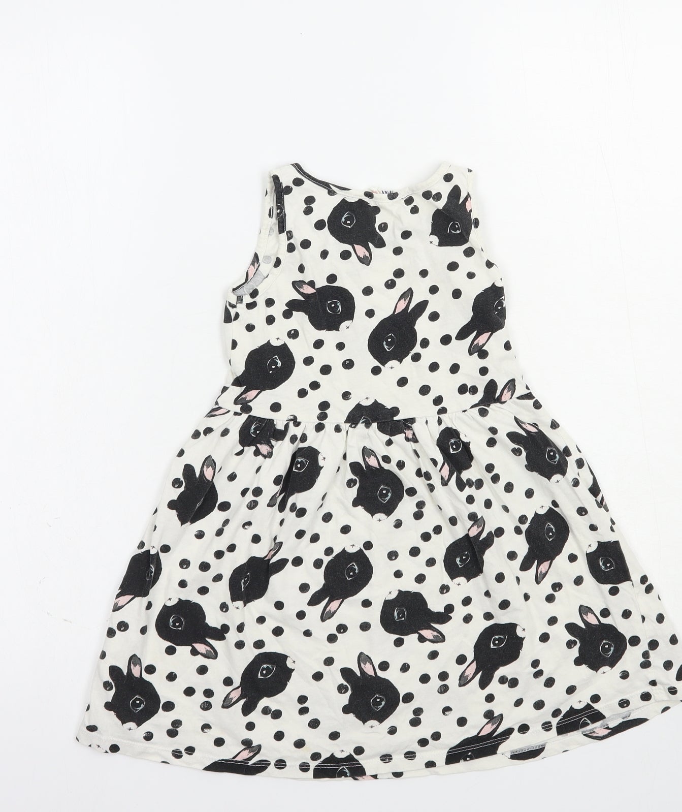 H&M Girls White Geometric Cotton Tank Dress  Size 4-5 Years  Crew Neck Pullover - Bunny Print