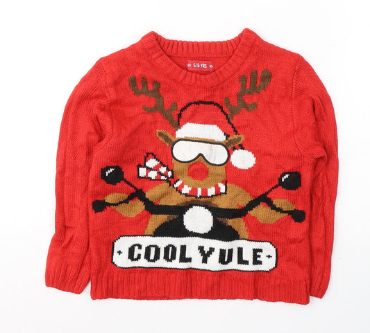 Boy's Boys Red Round Neck  Acrylic Pullover Jumper Size 5-6 Years  Pullover - Christmas Jumper Reindeer