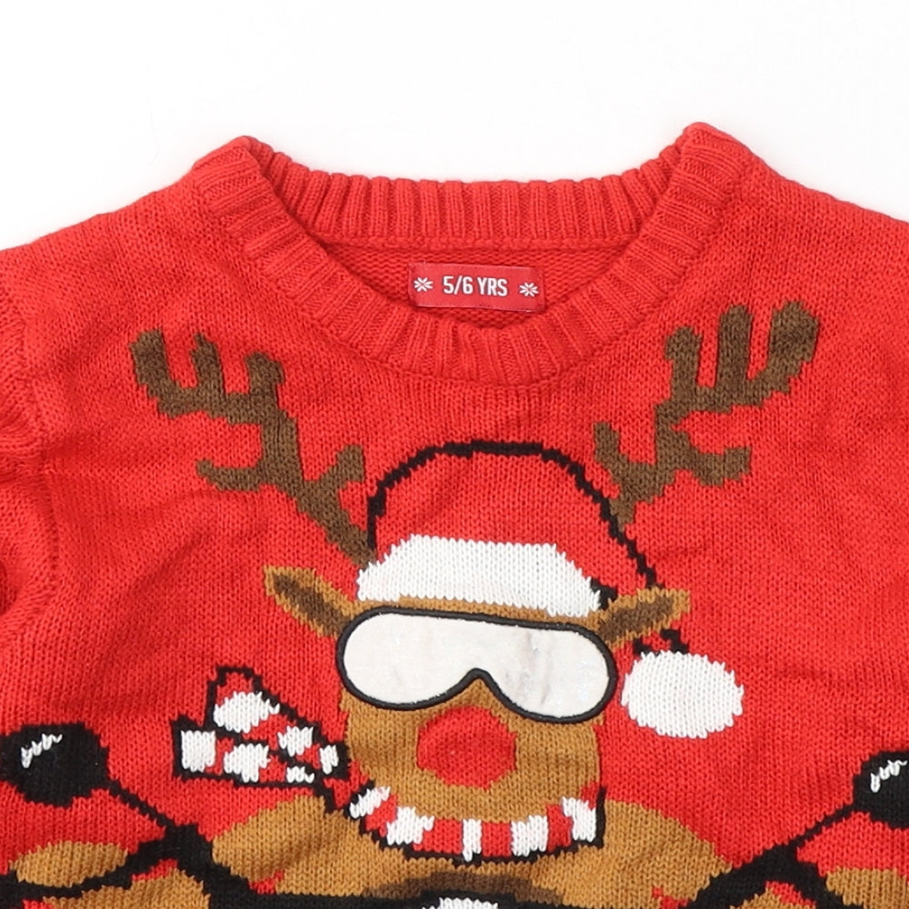 Boy's Boys Red Round Neck  Acrylic Pullover Jumper Size 5-6 Years  Pullover - Christmas Jumper Reindeer