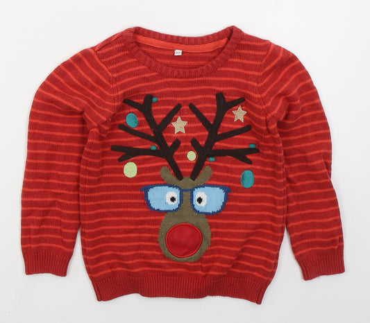Marks and Spencer Boys Red Crew Neck Striped Cotton Pullover Jumper Size 4-5 Years  Pullover - Rudolph