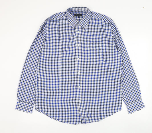 EWM Mens Blue Check Polyester  Dress Shirt Size M Collared Button