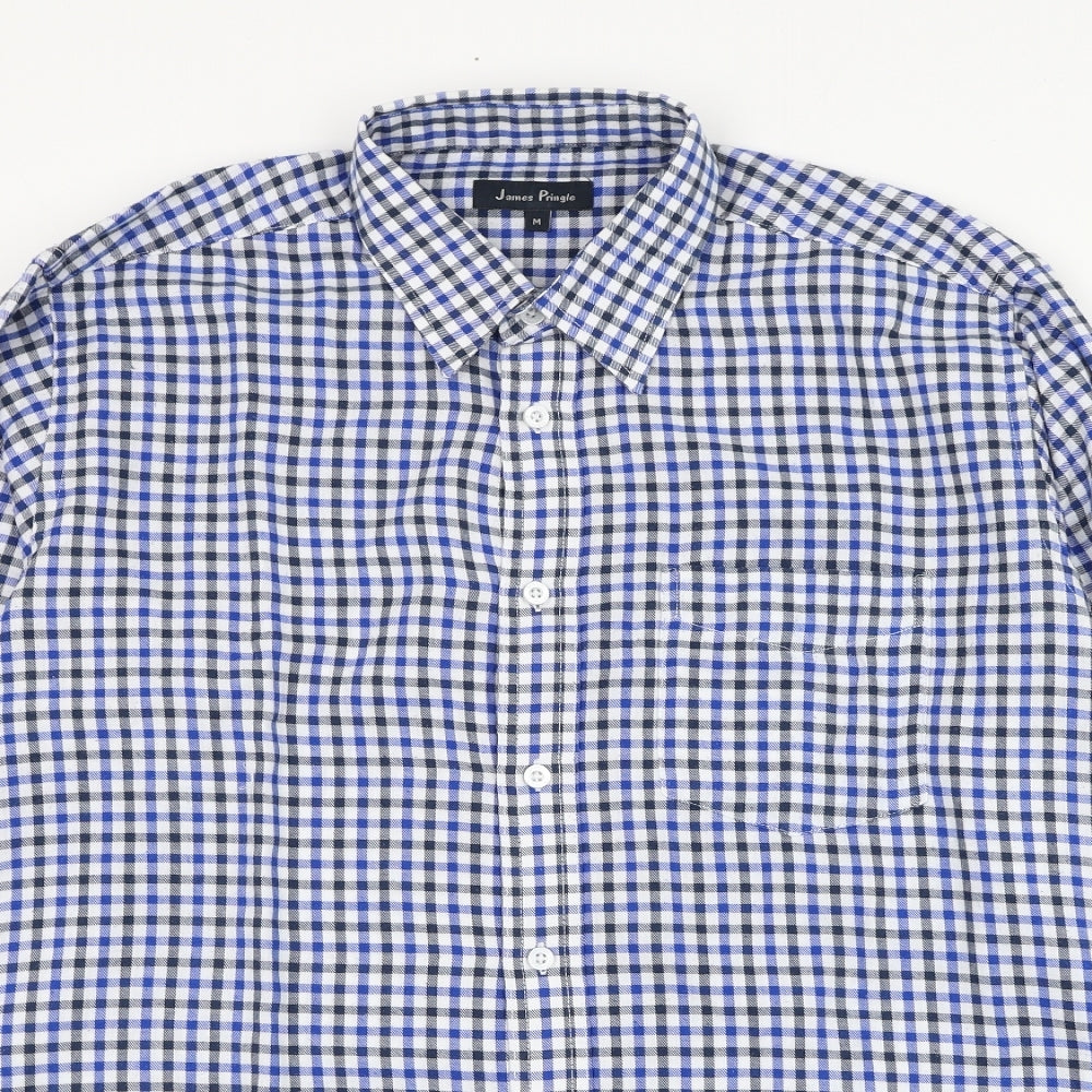 EWM Mens Blue Check Polyester  Dress Shirt Size M Collared Button