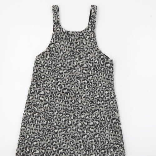 Dunnes Stores Girls Grey Animal Print Polyester Pinafore/Dungaree Dress  Size 9 Years  Square Neck