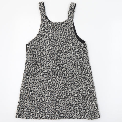 Dunnes Stores Girls Grey Animal Print Polyester Pinafore/Dungaree Dress  Size 9 Years  Square Neck