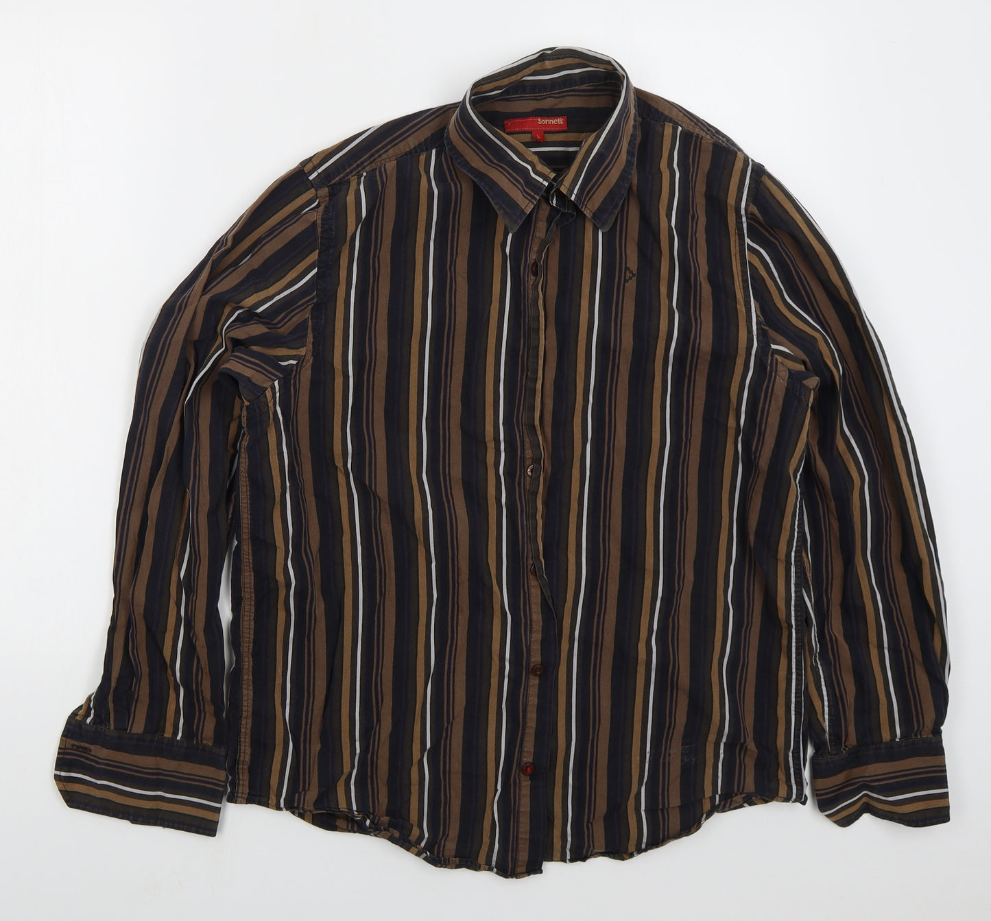 Sonneti Mens Brown Striped Cotton  Button-Up Size L Collared Button