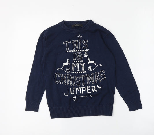 George Boys Blue Round Neck  100% Cotton Pullover Jumper Size 5-6 Years   - Santa Pattern