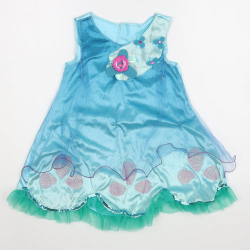 Trolls Girls Blue  Polyester Trapeze & Swing  Size 4-5 Years  Scoop Neck Hook & Loop - Trolls Costume