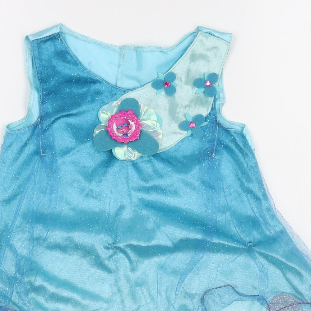 Trolls Girls Blue  Polyester Trapeze & Swing  Size 4-5 Years  Scoop Neck Hook & Loop - Trolls Costume