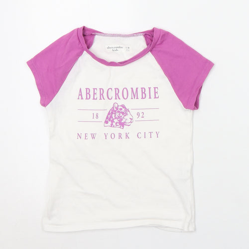 abercrombie kids Girls White  Cotton Basic T-Shirt Size 7-8 Years Crew Neck  - Logo